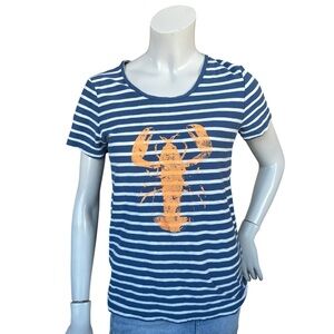 J Crew Blue White Nautical Striped Lobster Print Short Sleeve Cotton Tee Medium